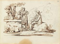 Kvinne og gjeter i skogen [Tegning]