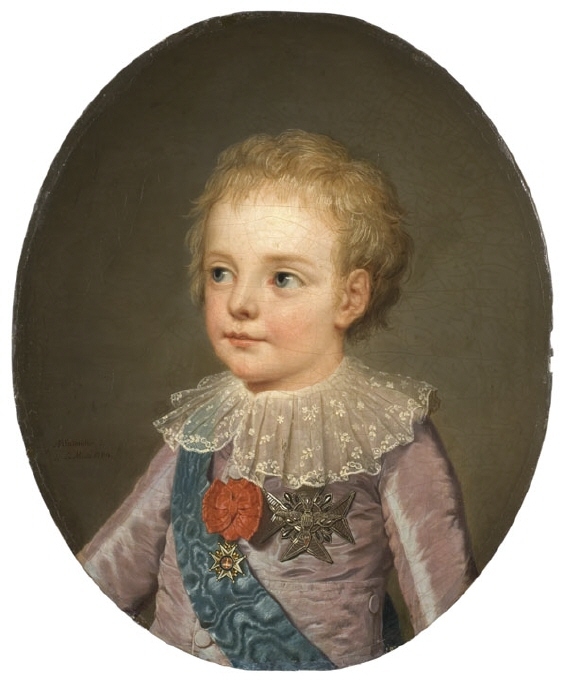 Porträtt av treårig pojke. Bröstbild, face höger. Iklädd sidenkolt med spetskrage. Bär blått sidenband över bröstet samt två ordnar: Heligeandeordens kraschan och band (l'Ordre de Saint-Esprit) samt S:t Louisorden i rött band (l'Ordre de Saint-Louis). Bakgrunden monokrom.I samband med sitt Parisbesök 1784 beställde kung Gustav III det berömda porträttet av drottning Marie-Antoinette promenerande med sina barn i Trianons park. Inför arbetet med denna stora målning satt Marie-Antoinette och barnen modell för Wertmüller. Drottningen och prinsessan porträtterades i Petit Trianon medan drottningen, enligt Wertmüllers självbiografi, "gaf order at jag skulle få måla hans k: höghet le Dauphin på la Muette" (den franske kronprinsens residens vid Paris). Bronserad originalram med dekor av franska liljan.