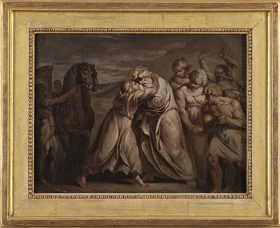 Julien de Parme var av schweiziskt ursprung, men verksam i Italien och Frankrike. I det här verket har han med oljemålningen som medium försökt efterlikna plasticiteten i en skulpturrelief. Målningen är ett tydligt exempel på den antika skulpturkonstens stora betydelse för konstnärerna under slutet av 1700-talet. Målningen har tillhört den svenske skulptören Johan Tobias Sergel, som på 1770-talet vistades i Rom samtidigt som Julien de Parme.