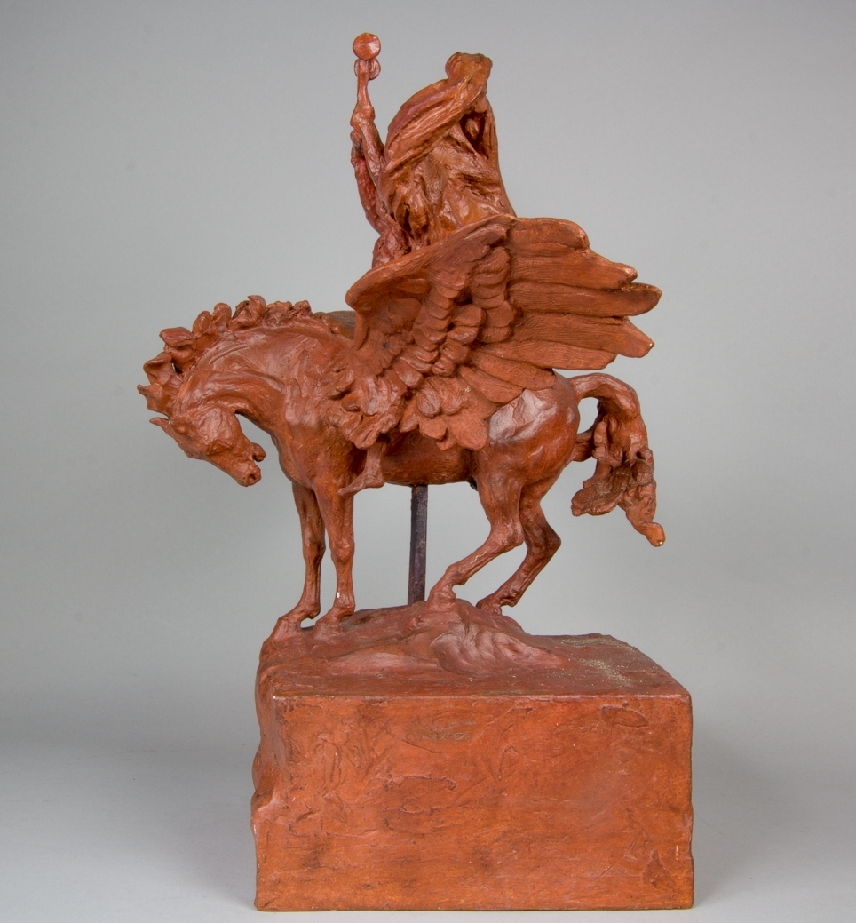 Studie föreställande Apollo i helfigur sittande på sin bevingade häst Pegasus. Hästen står på en klippformation. Apollo håller i sina uppsträckta händer en lyra och bakom honom en molnformation.