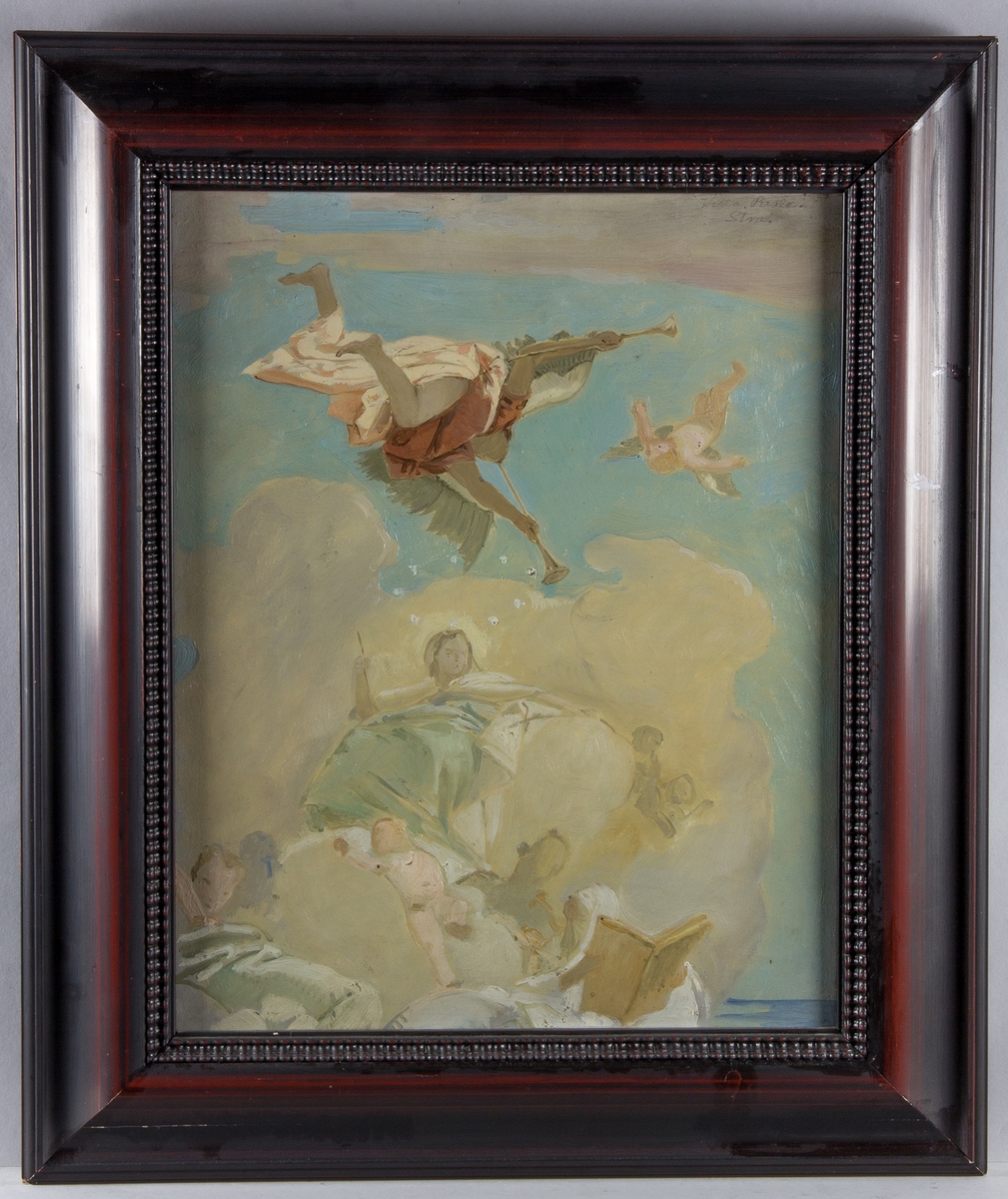 Skissartad skildring av patricierfamiljen Pisanis förhärligande i ljus färgskala. Överst flyger en bevingad figur med två lurar. Under denna ett flertal figurer, barn och vuxna, mot himmel och molnbakgrund. Detalj ur plafondmålning.