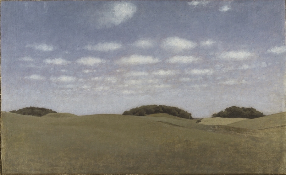 Vilhelm Hammershøis landskap är ofta, som här, folktomma. Istället är utsikterna koncentrerade till några få framträdande element – fältens mjuka former som går igen i de rundade kullarna och de lummiga träddungarna. Tillsammans med sommarhimlens vita moln ger landskapet en känsla av en gränslös, böljande rytm. 1905 målade Hammershøi en svit landskap från trakten av Lejre på Själland i Danmark, där denna målning ingick.