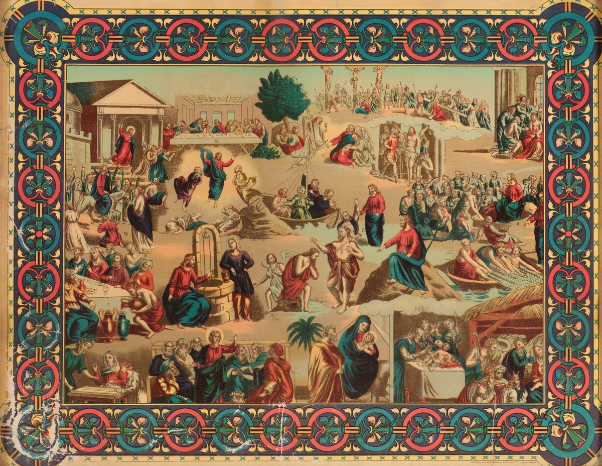 Färgtryck under glas. Bildserie framställande Jesu liv från födelsen till himmelsfärden.