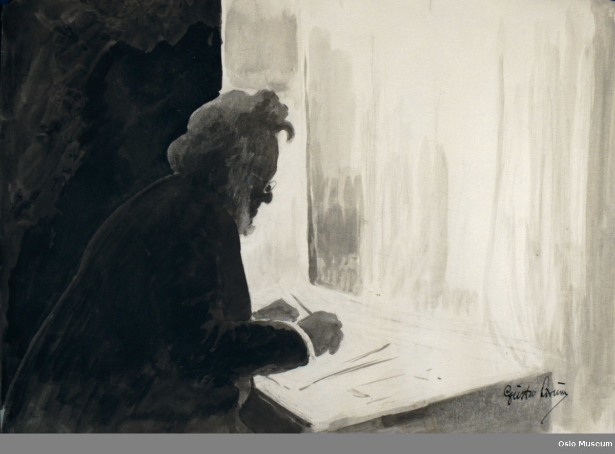 karikatur, mann
Brystprofil fra høyre, skrivende mann ved skrivebord, lys fra vindu, mørk vegg bak.