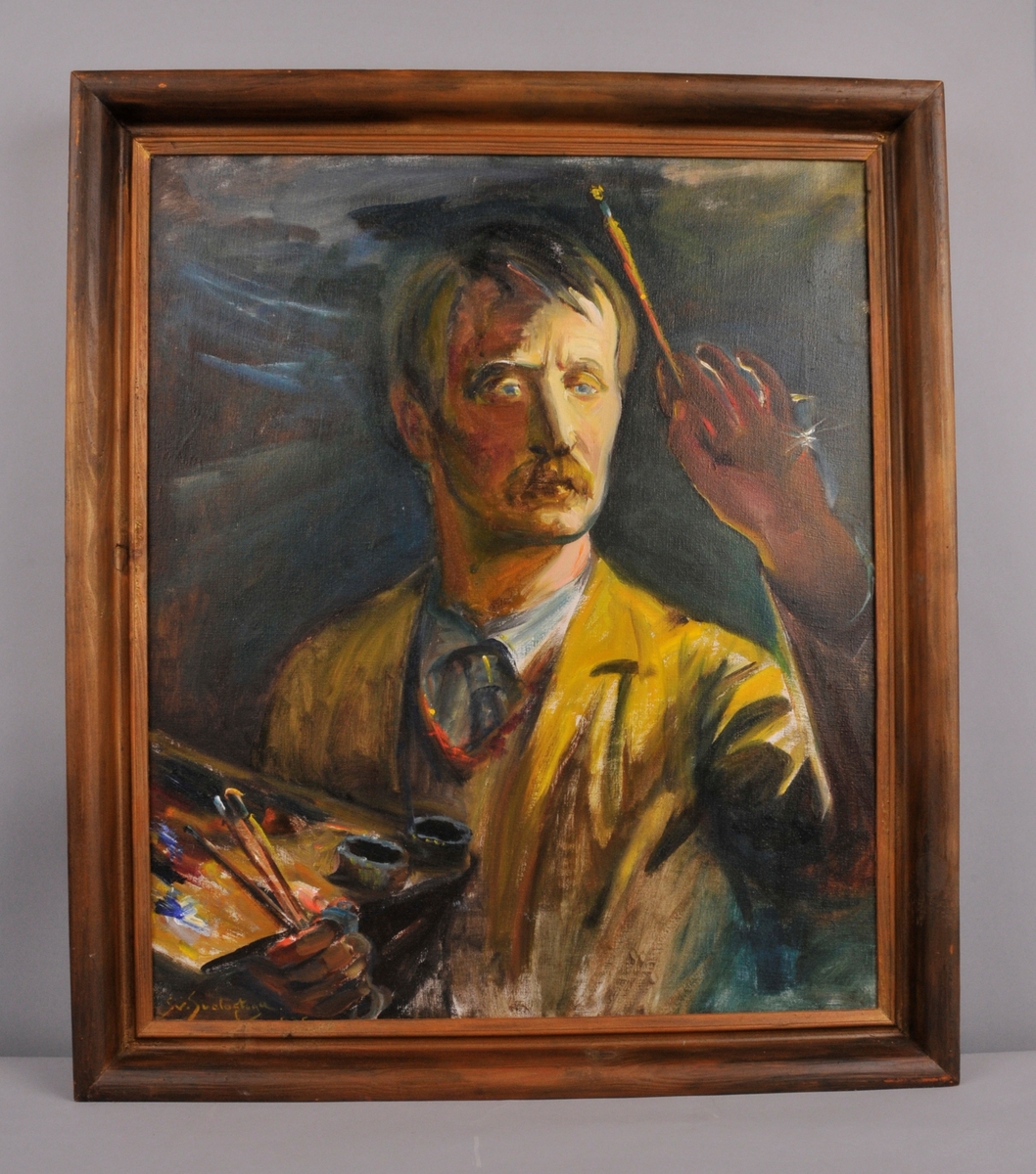 Portrett av ein kunstnar med pensel og palett. Kan vere eit sjølvportrett.
