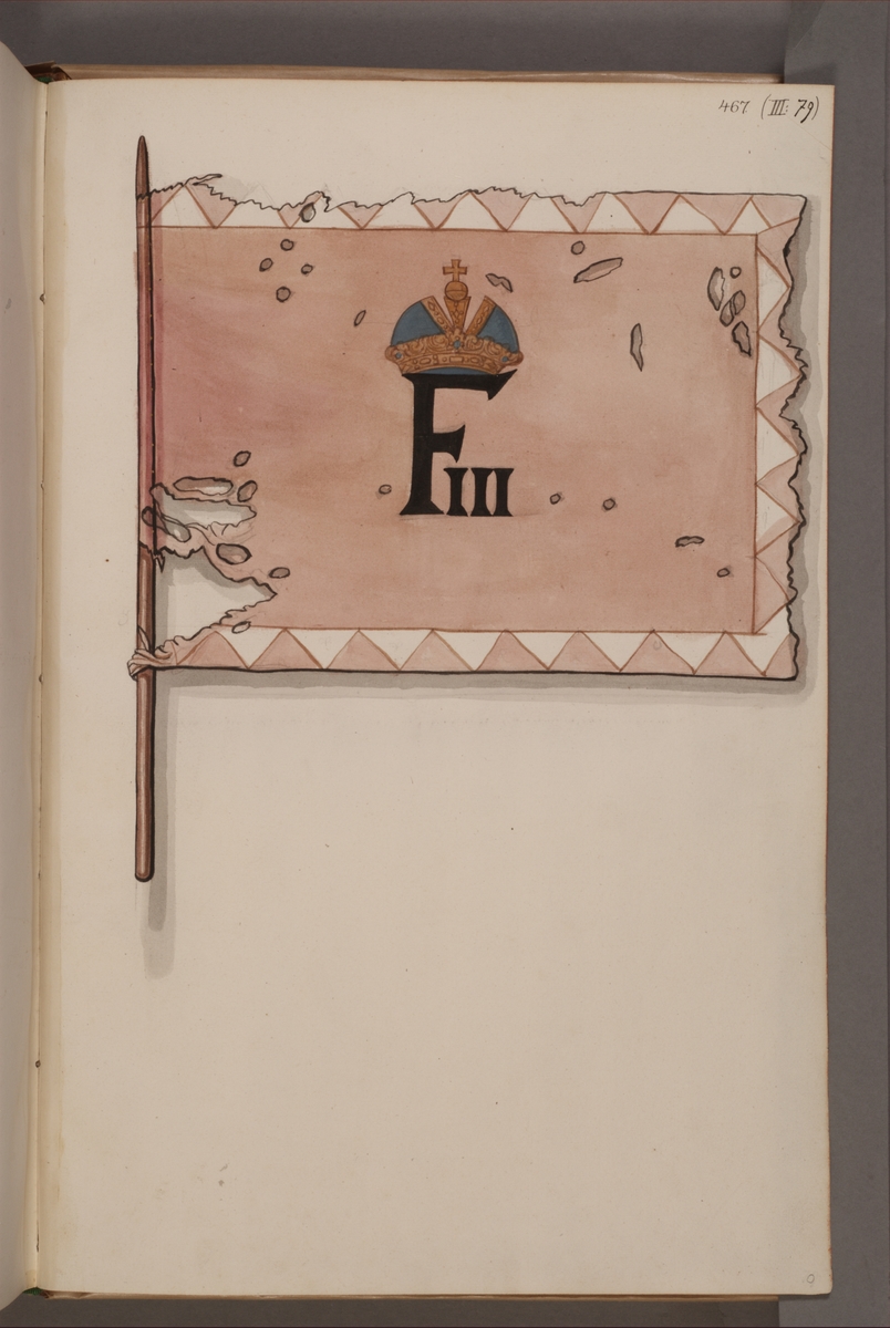 Avbildning i gouache föreställande fana tagen som trofé av svenska armén. Den avbildade fanan finns delvis bevarad i Armémuseums samling, för mer information, se relaterade objekt.