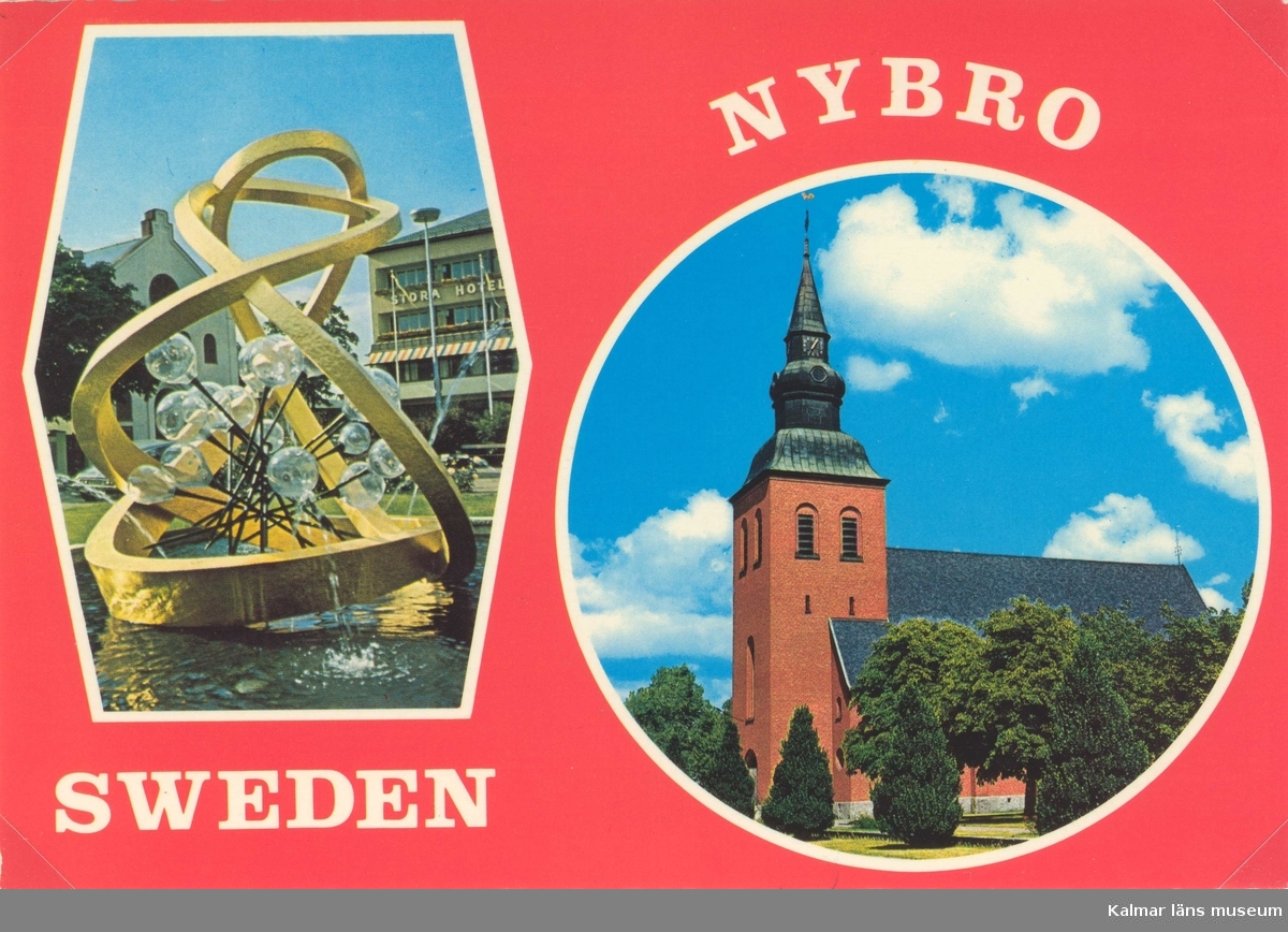 Vykort från Nybro med skulpturen "Glas i centrum", samt Nybro Kyrka.