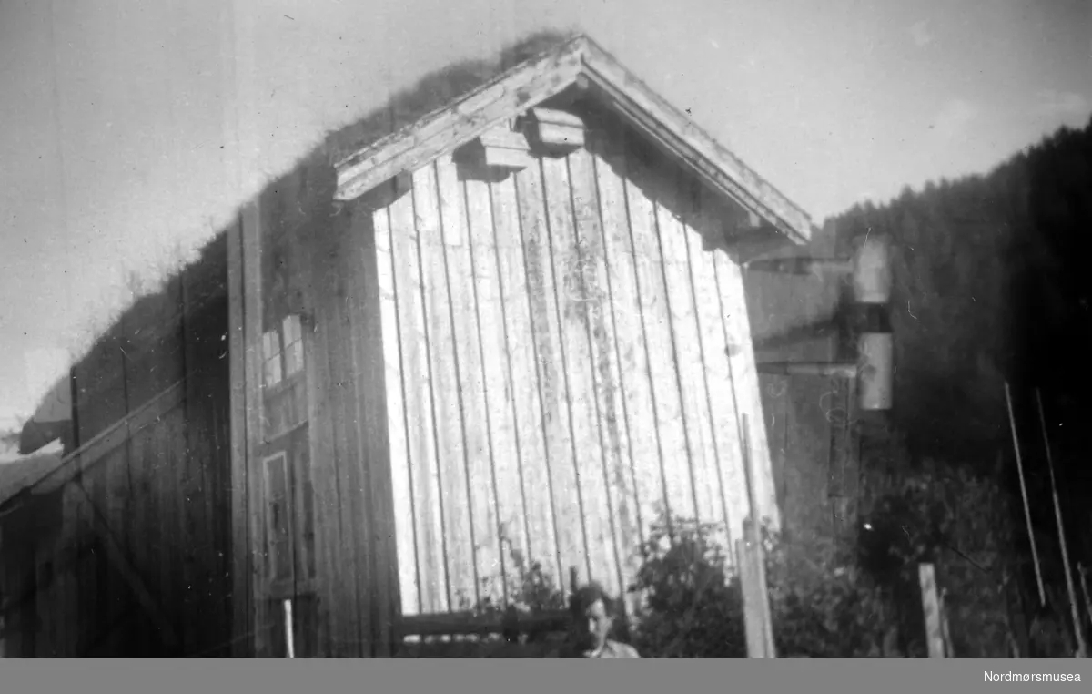 dobbelteksponert --- Ei husmannstue på Ørsaltrøa, i Todalen i Surnadal kommune. Den tilhører den siste skinnfellmaker i Todalen - Steinar Husby, som vi ser avbildet foran husmannstua. fuglekasser Bildet er datert september 1947. Nordmøre Museum.
