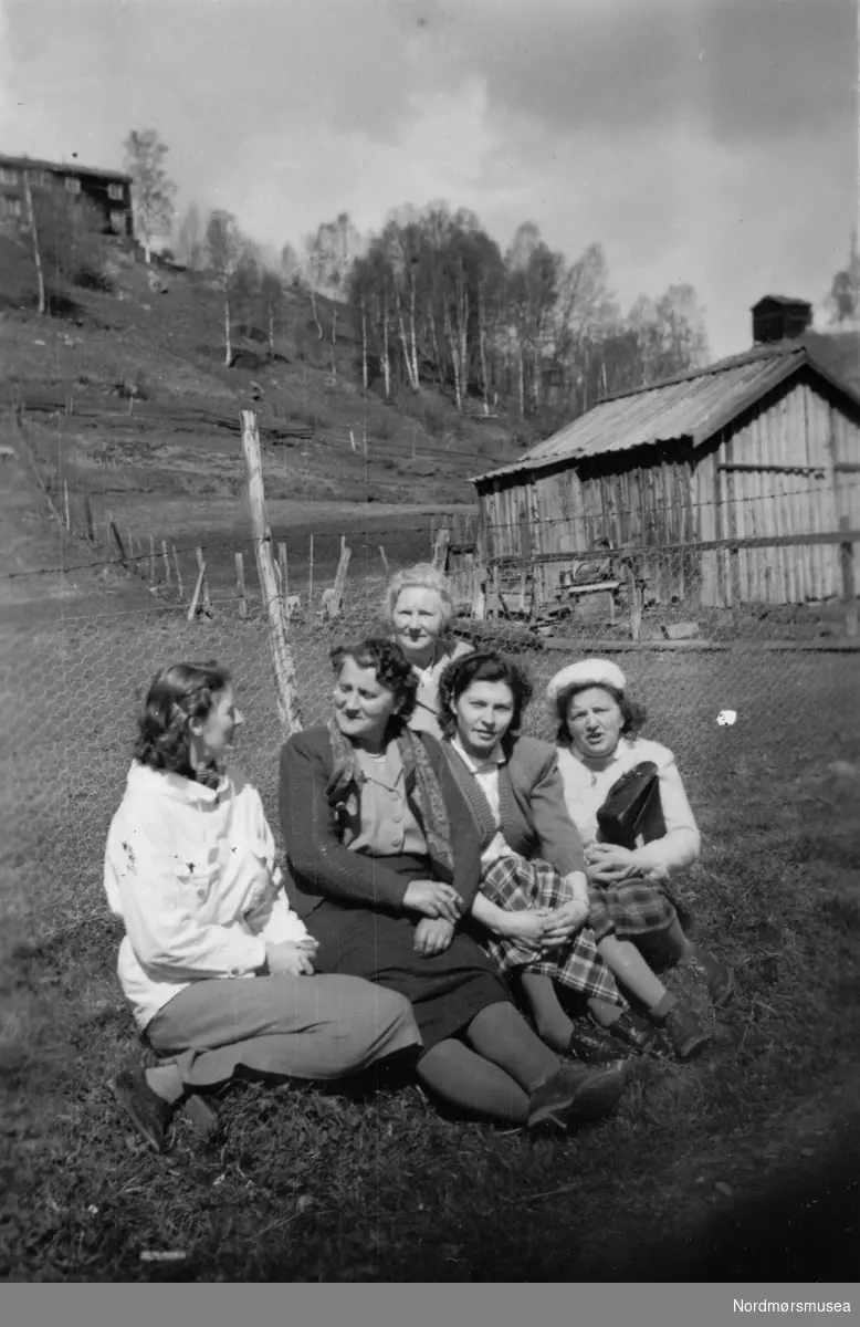 Foto av en gruppe kvinner på tur. Bildet kommer fra en samling foto av kvinner tilhørende ";APs Kvinneforening 1960";. Det er ukjent hvem vi ser på bildet, samt hvor bildet er tatt. Fra Nordmøre Museums fotosamlinger.
