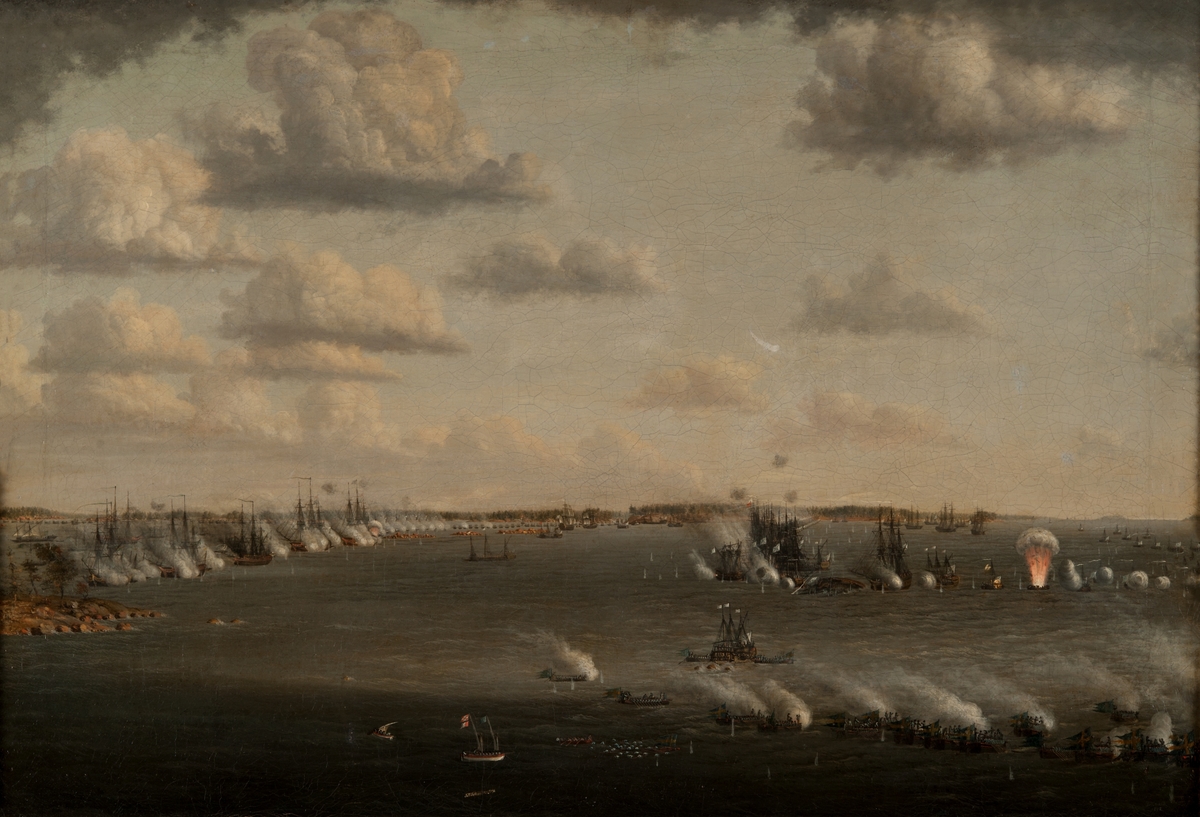 "Bataillen vid Svensksund d. 9 och 10 Julii 1790. Där Svenska Skärgårdsflottan, under Konungens Egit höga befäl äröfrade 55 Ryska Fartyg."