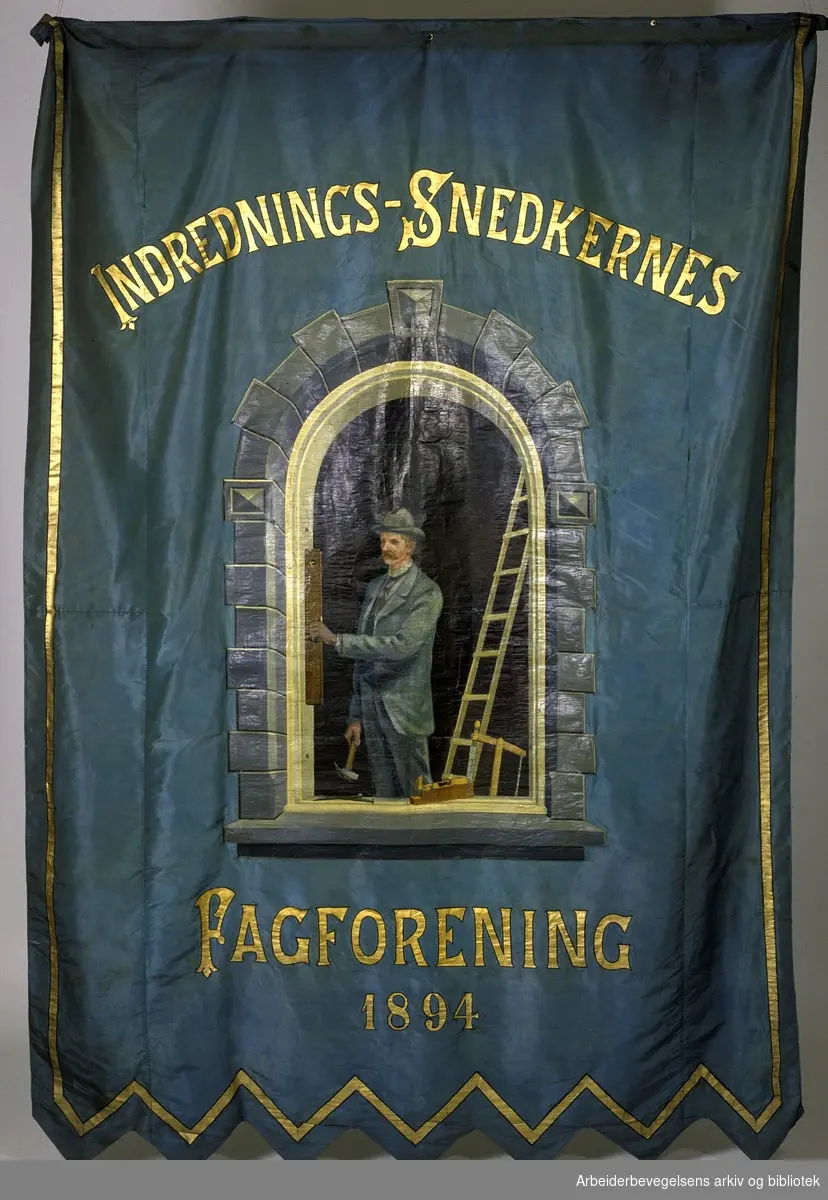 Indredningssnedkernes fagforening.Stiftet 1894..Forside..Fanetekst: Indrednings-Snedkernes Fagforening 1894