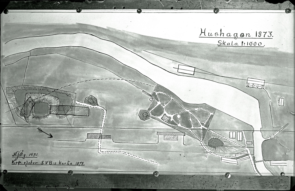 Karta. Hushagen 1873 skala 1:1000.
Fotograf K J Österberg.
Reproduktion av E Sörman.