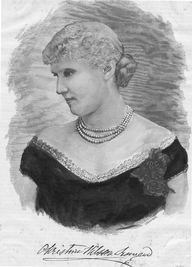 Färglagd litografi på Christina Nilsson Rouzaud. Hon bär klänning med rosor på och ett halsband.