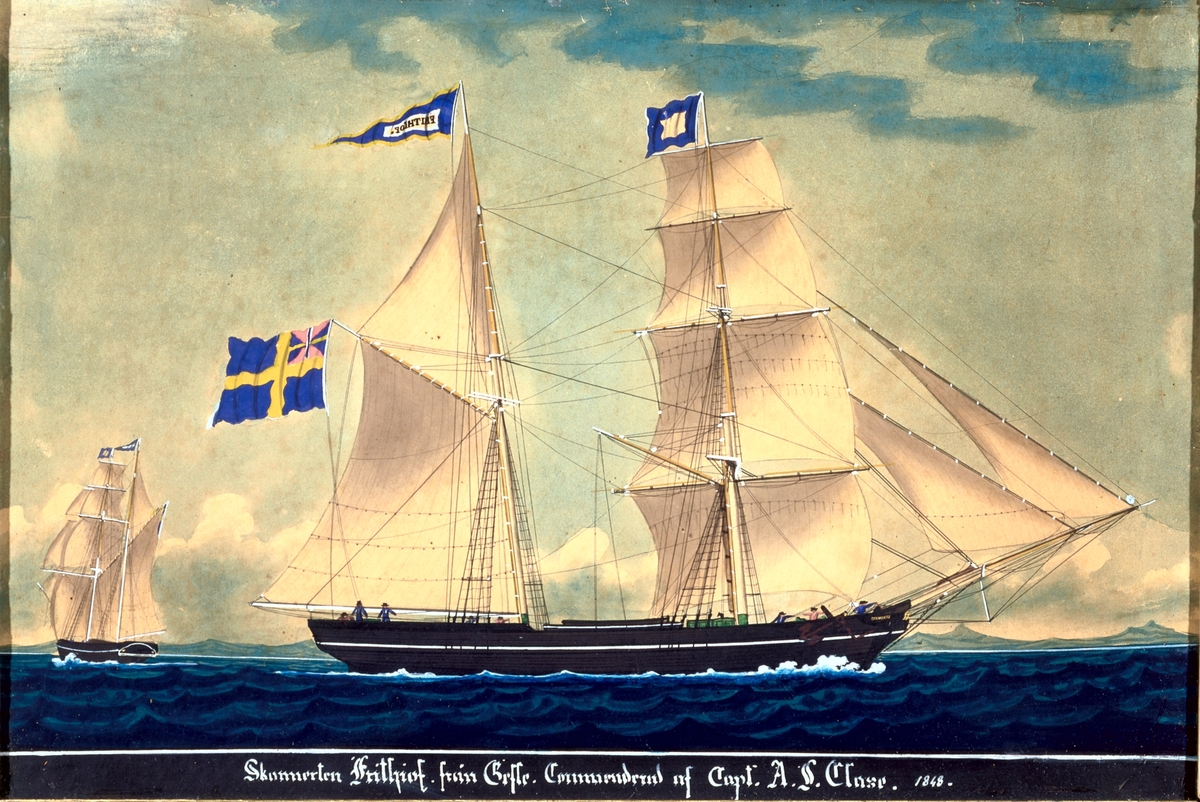Akvarell, "Skonerten Frithiof från Gefle". Troligen målad av 1848 av J. A. Moutte eller Moultz i Marseille.
Fartyget går från vänster till höger för styrbords halsar. Unionsflagga, namnvimpel på mesanmasten. Lotssignal på förmasten. Mörkblått hav, grågrönt högland i horisonten. Tv syns fartyget akterifrån för styrbords halsar. Gul ram.