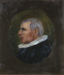 Portrett av eidsvollmann Jens Stub  Mann med grått hår og prestedrakt, profil  Innskrevet i oval, lysere enn resten av bakgrunnen.