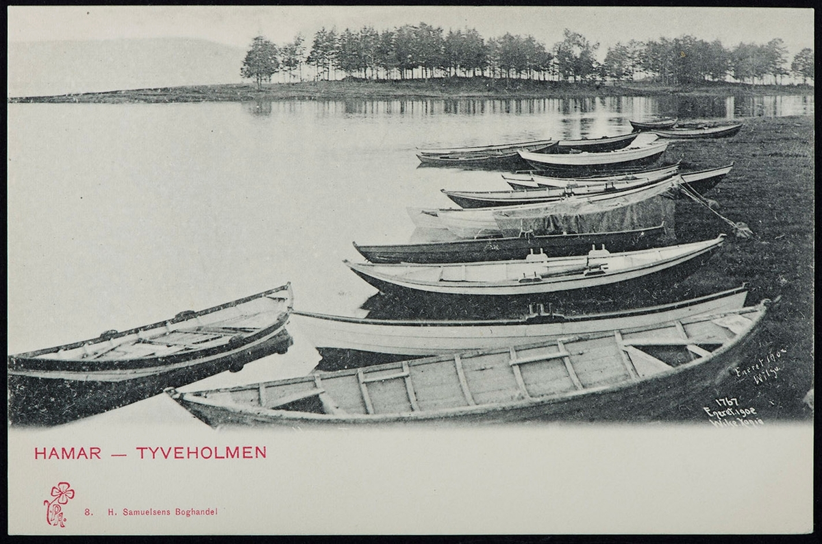 Postkort, Hamar, Tjuvholmen, Veslemjøsa, Vesle-Mjøsa, robåter, mjøsbåter,