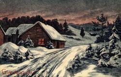 Julekort. Jule- og nyttårshilsen. Snøkledt skoglandskap i kv