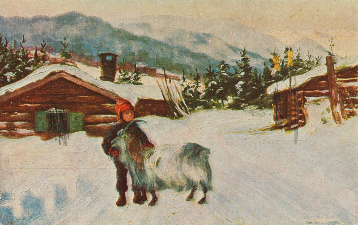 Julekort. Jule-og nyttårshilsen. En gutt og en geitebukk i snøen utenfor et hus.