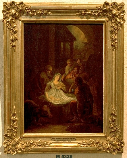 Oljemålning på pannå. 
Den heliga familjen. Jungfru Maria visar Jesusbarnet för herdarna.