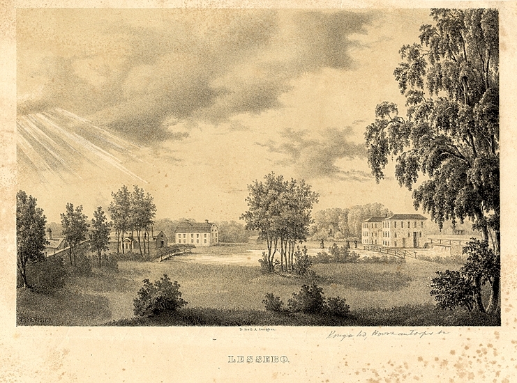 Litografi visande Lessebo pappersbruk.
Blad ur Fordna och Närvarande Sverige.