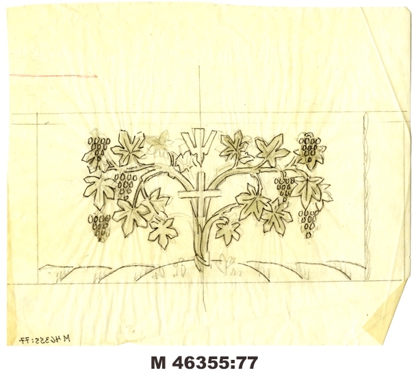 Blyertsskiss på smörpapper.
Mittparti av antependium (?). 
Vinträd med kors och duva.
Ej signerad. 

Inskrivet i huvudbok 1983.
Montering/Ram: Ej ramad