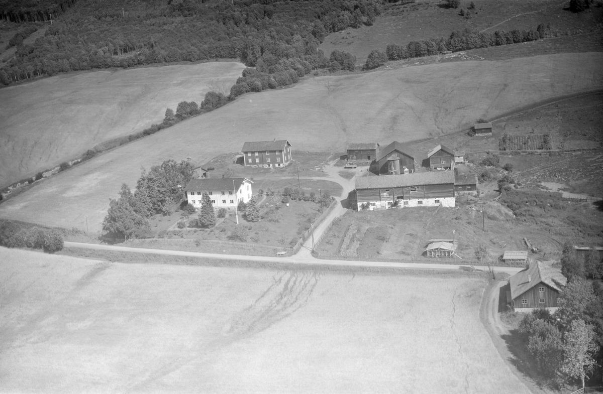 Leikvam gård, Østre Gausdal, Gausdal, 1958, tårnsilo, dalside, jordbruk, vei, blandingsskog