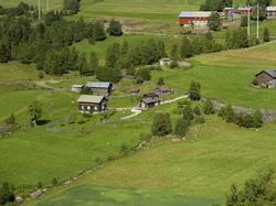 Kulturlandskap. Dyrka mark, granskog bak. Lite bruk med små 