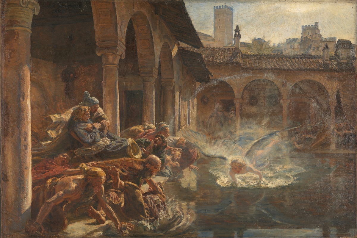 Engelen berører vannet i Betesda dam (Joh.5, 2-4) [Maleri]