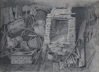Interiör från gubben Ringströms stuga 1874. Vid Hjelmaren [BLYERTSTECKNING]