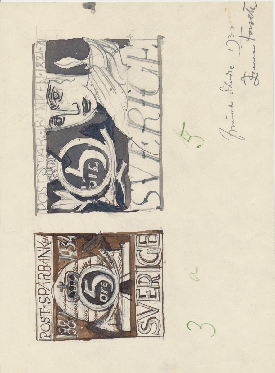 Förlagor från år 1933 som verkar som underlag till frimärket Postsparbanken 50 år.