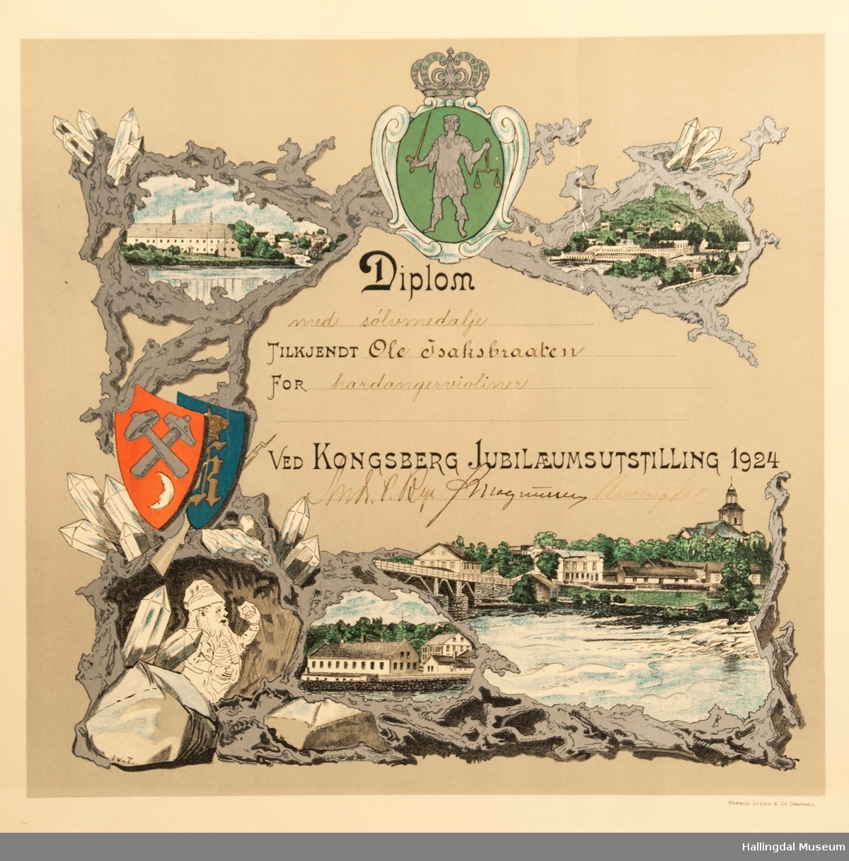 Diplom med sølvmedalje tilkjent Ole Isakbraaten for hardangerviolinen ved Kongsberg Jubileumsutstilling 1924.  Motiv av industrien i Kongsberg.
