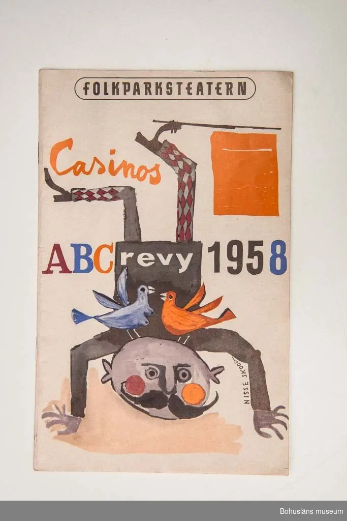 Tryckt teaterprogram, Folkparksteatern "Casinos ABC revy 1958". Flerfärgat omslag och inlaga 20 sidor sv/v med presentation av föreställningen och den aktuella uppsättningen med dess medverkande, ibland med fotografier. Annonser.