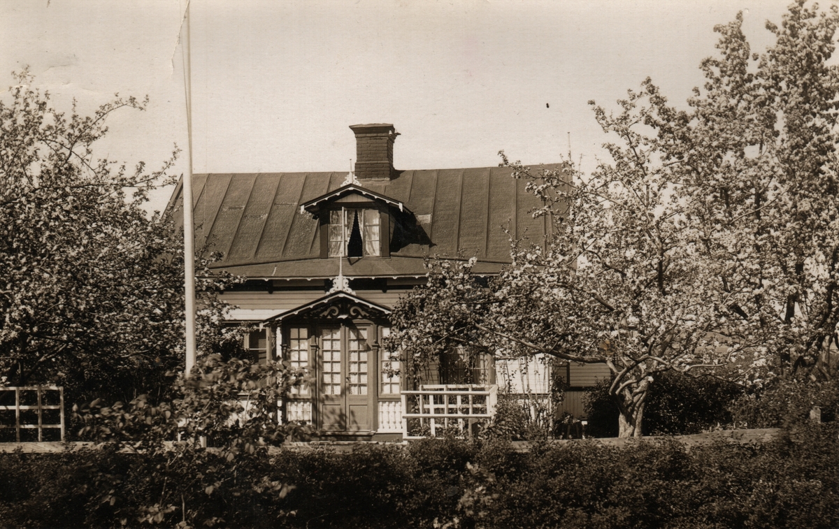 Bilden visar ett av husen på Ladugårdsbacke 4 (stadsäga 1752) , det fanns tre hus på tomten. Dessa ägdes av Eloff Andersson som själv bodde med sin familj i huset på bilden. De andra byggnaderna hyrdes ut. Eloff Andersson är farfar till Else Qvam.I detta hus växte Hjalmar Andersson, Elses pappa, upp. Här är det sommar och träden blommar.Byggnaden revs i februari 1970.