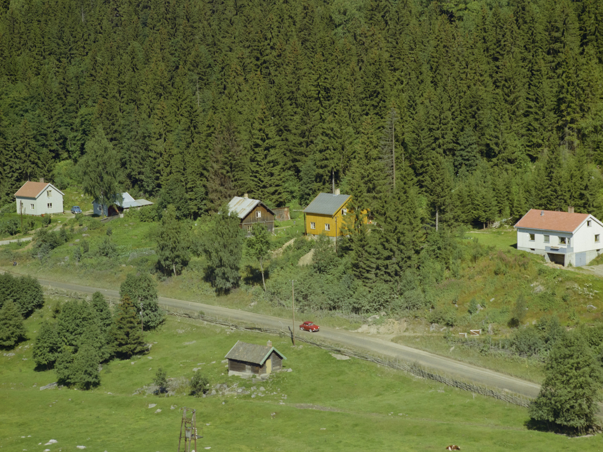 Fåberg, eneboliger langs Gausdalsvegen. Helt til venstre ligger Haugan, deretter Stenshaug, så det gule huset Heimly, og det hvite nærmest er Solum. På nedsiden av vegen ei lita tømmerbu, biler, skog