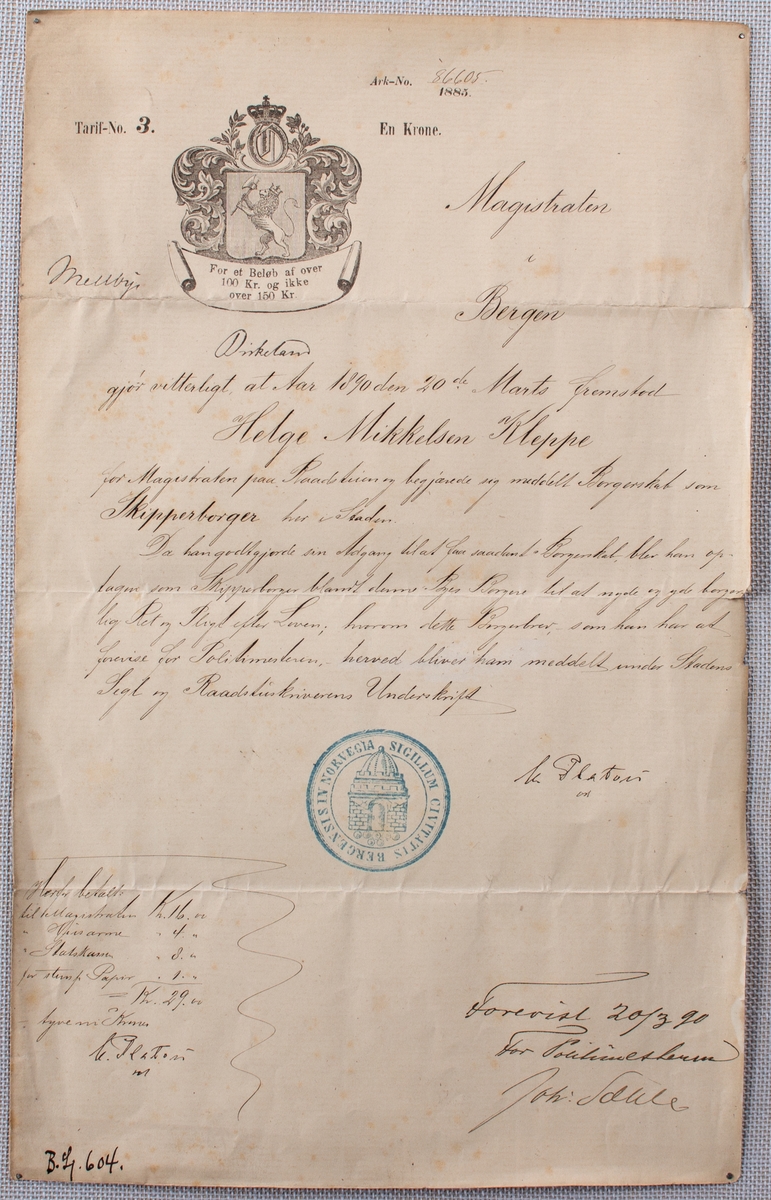 Skipperborgerbrev tildelt Helge Mikkelsen Kleppe utført av Magistraten i Bergen 20.03.1890.
