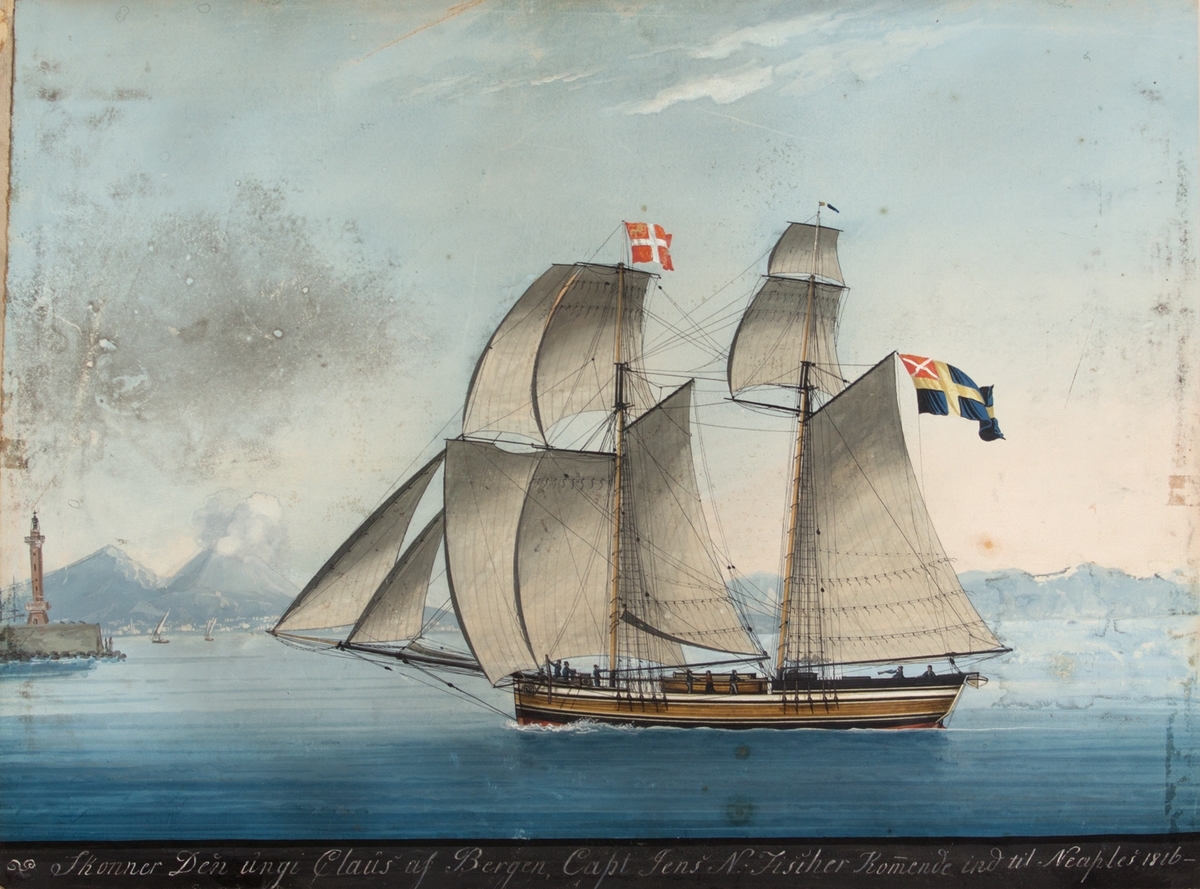 Skonnert DEN UNGE CLAUS ved innseiling til Napoli i 1816. Under gaffelen fører skipet svensk flagg med det diagonale Dannebrogskors i øverste felt, og på formasten Dannebrog med det norske riksvåpen i det øverste feltet.