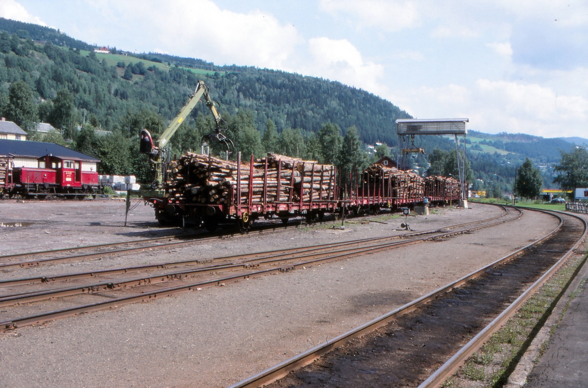 Tømmervogner lastes på Fagernes stasjon.