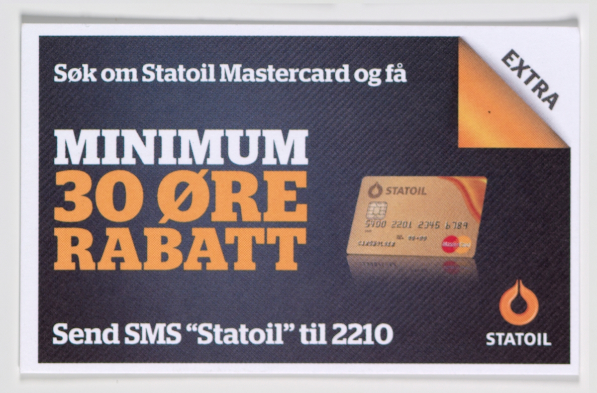 På reklamekortet er det på den ene siden et bilde av et Statoil Mastercard i beige farger. På den annen side av reklamekortet er det et bilde av et Bedriftskundekort i sort