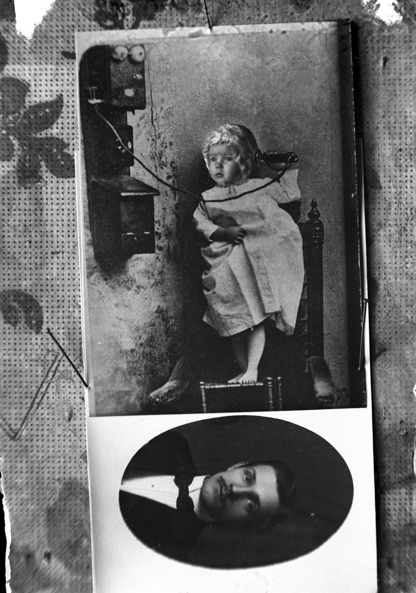 Flicka vid telefon. Porträtt av man (2 bilder). Repro av äldre foto.