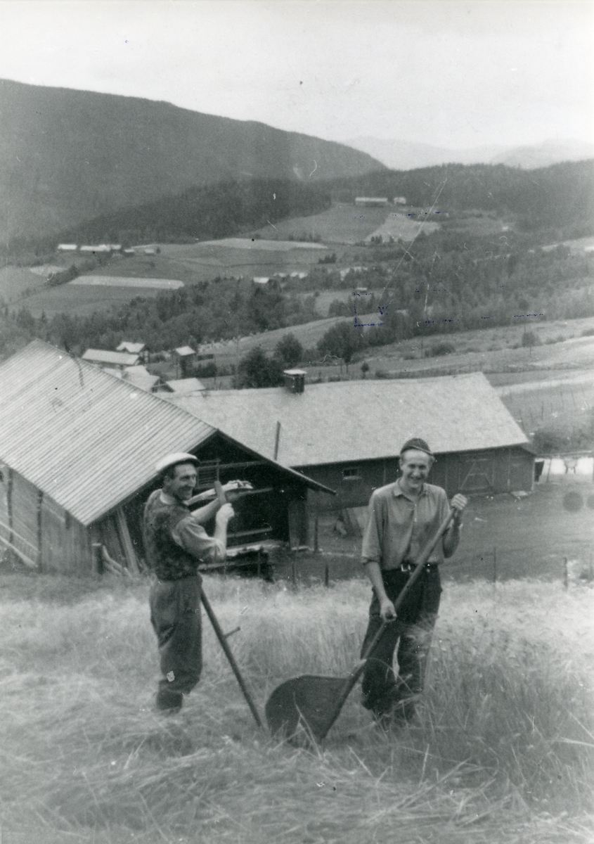 Kolbjørn og Arne Kleven driver med skurdonn i Brattrud, ca 1950.