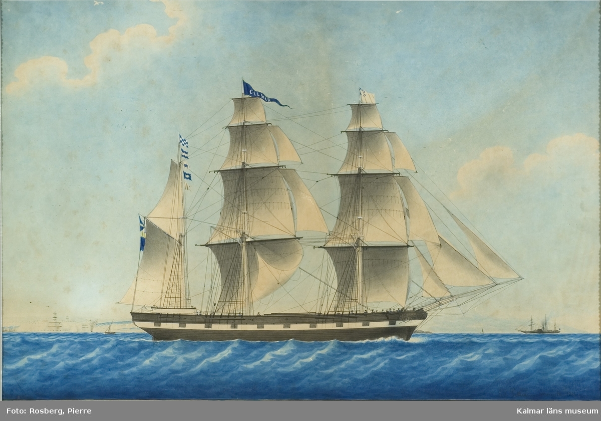 Fartygsbild med skeppet Calmar i centrum av motivet, målad i Marseille 1855. I motivets horisont flera mindre skepp, däribland en hjulångare. Till vänster en försvarsbyggnad.