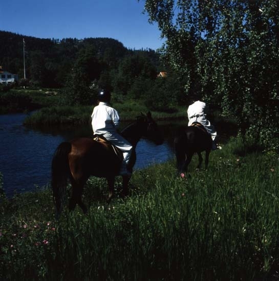 Två ryttare rider sina hästar över ett grönskande fält. Till vänster i bild syns ett vattendrag och bakom detta skogen.