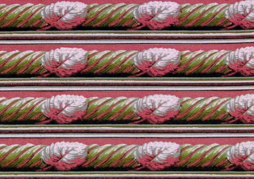 Snedställt blad över spiralband i två rosa och två gulgröna nyanser. Ljusgrönt genomfärgat papper.
Tapet från Knutstorps säteri i  Flisby  -Eksjö.