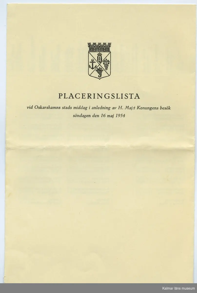 Placeringslista vid Oskarshamns stads middag i anledning av Hans Majestät Konungens besök 1954.