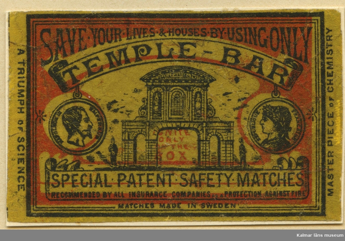 Tändsticksettikett av märket "Temple Bar"", från Nybro Tändsticksfabrik.