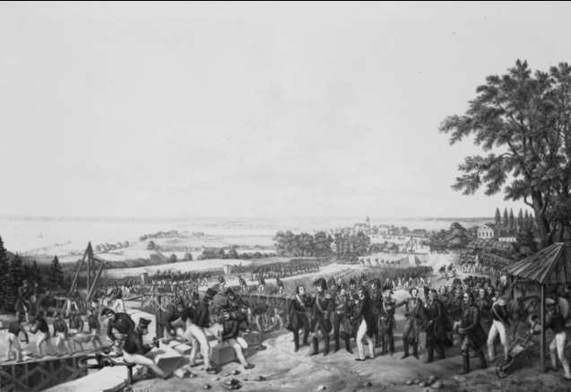 Soldater i arbete vid Göta kanal (Vreta kloster). Målning av A C Wetterling 1856. Delförstoring och neg finns. Se även bilaga till 51704.