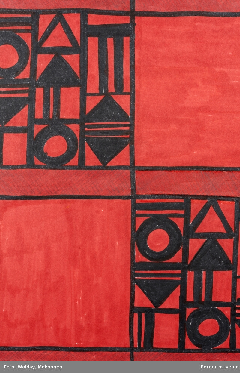 Mønsteret er inndelt som kvadratiske, røde felt dekorert med geometriske mønstre i sort