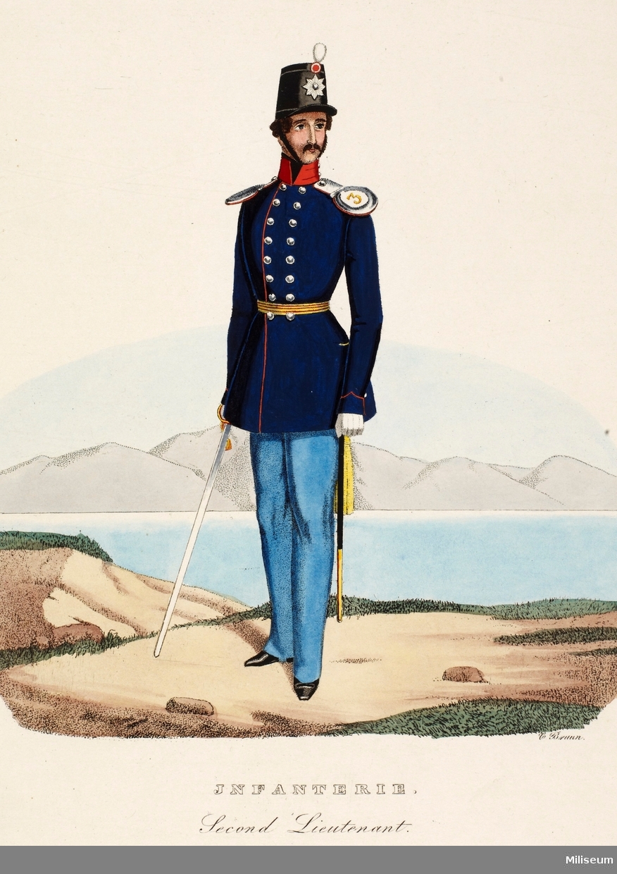 Vapenrock m/1848/52 för officer vid danska infanteriet. Med "feltdistinktioner" m/1849 för sekondlöjtnant på axlarna.