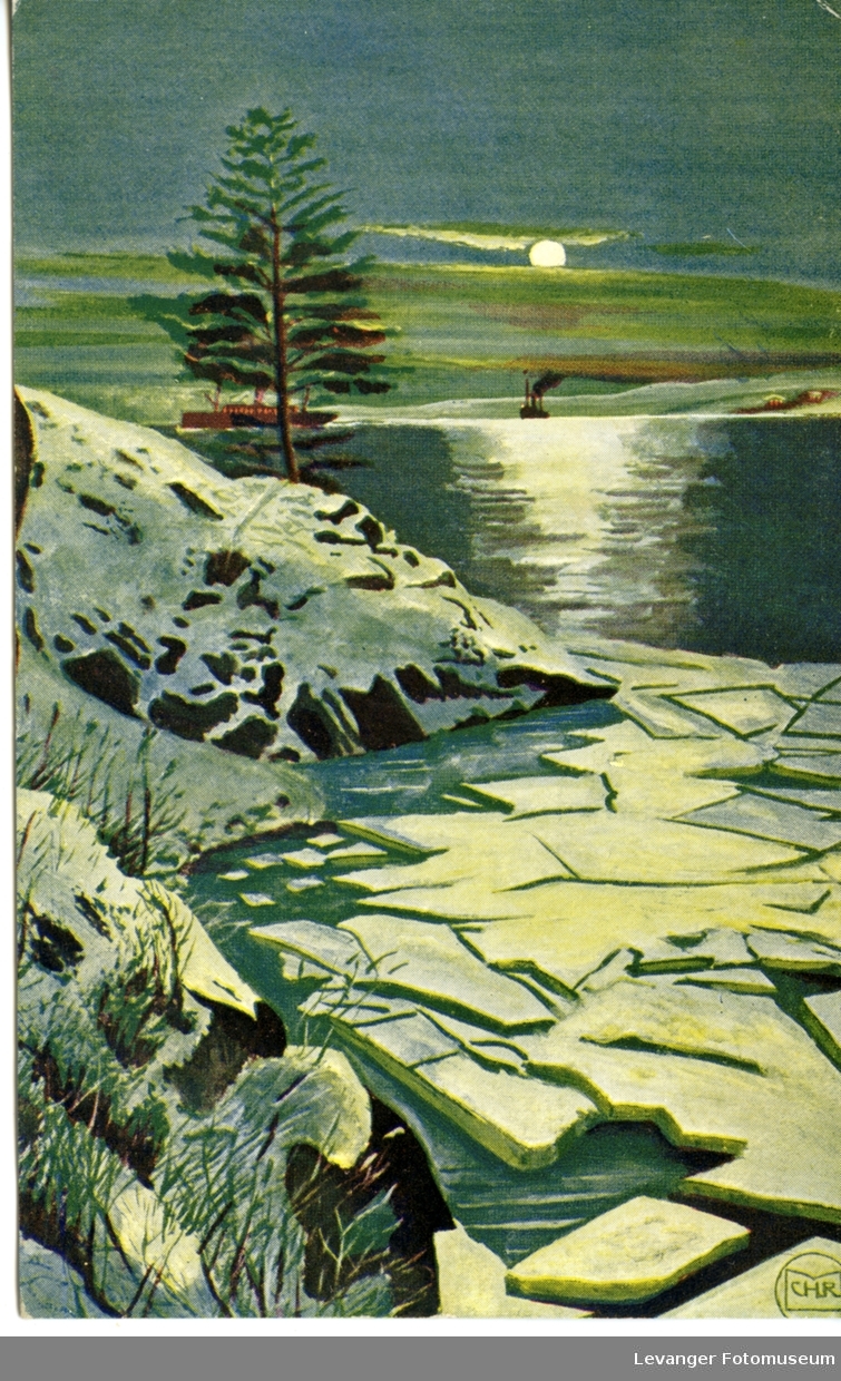 Postkort med landskaps- og vintermotiv.