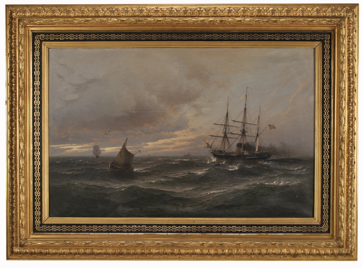 Oljemålning, "Marin Amerikansk korvett" av Albert Berg, 1884. 
Montering/Ram: Förgylld originalram